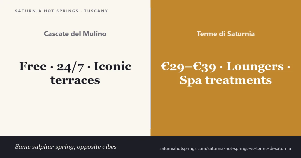 Comparison of the free Cascate del Mulino and the paid Terme di Saturnia spa in Tuscany